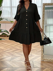  Flounce Sleeve Notched Neck Smock Dress