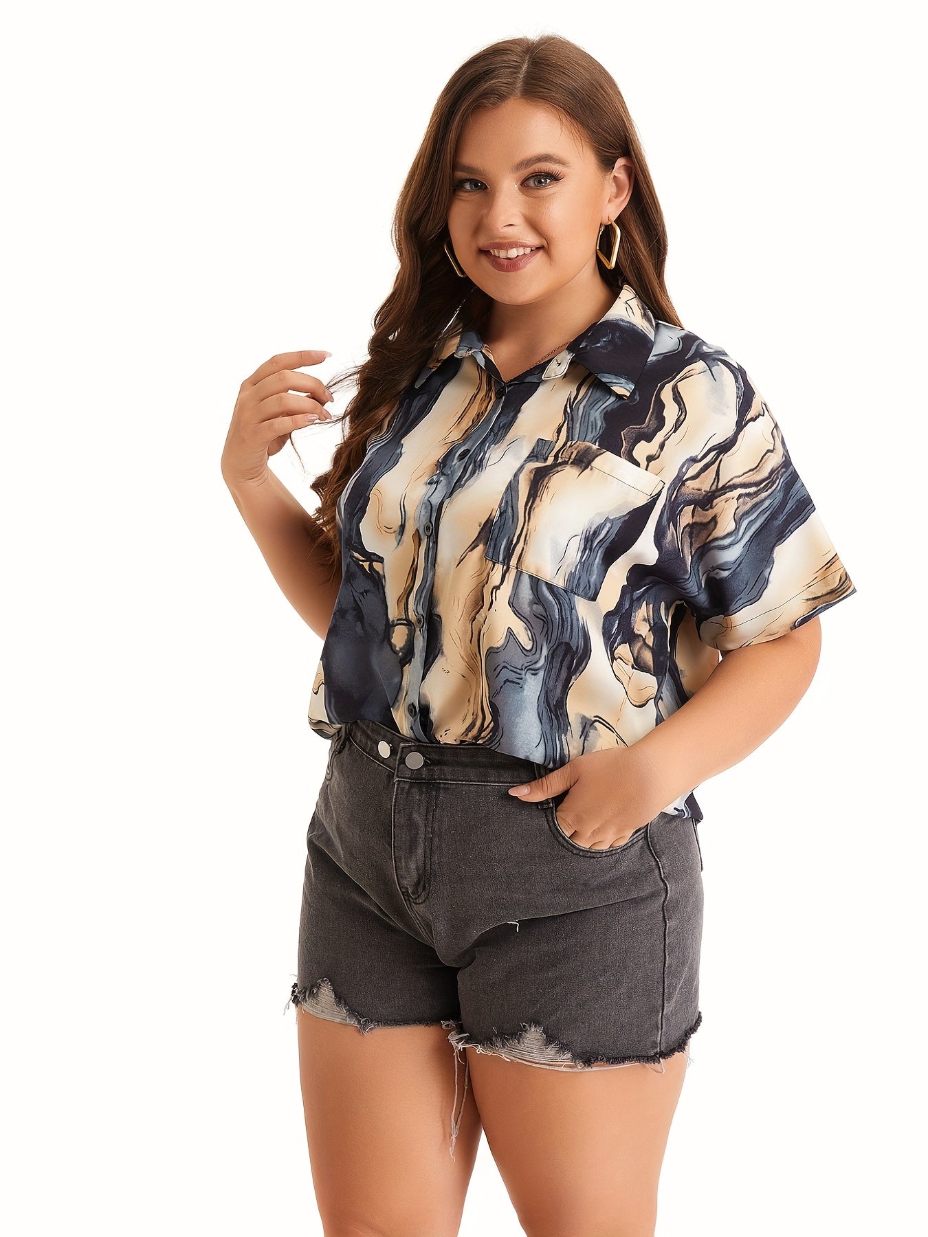  Marble Print Short Sleeve Button Up Shirt
