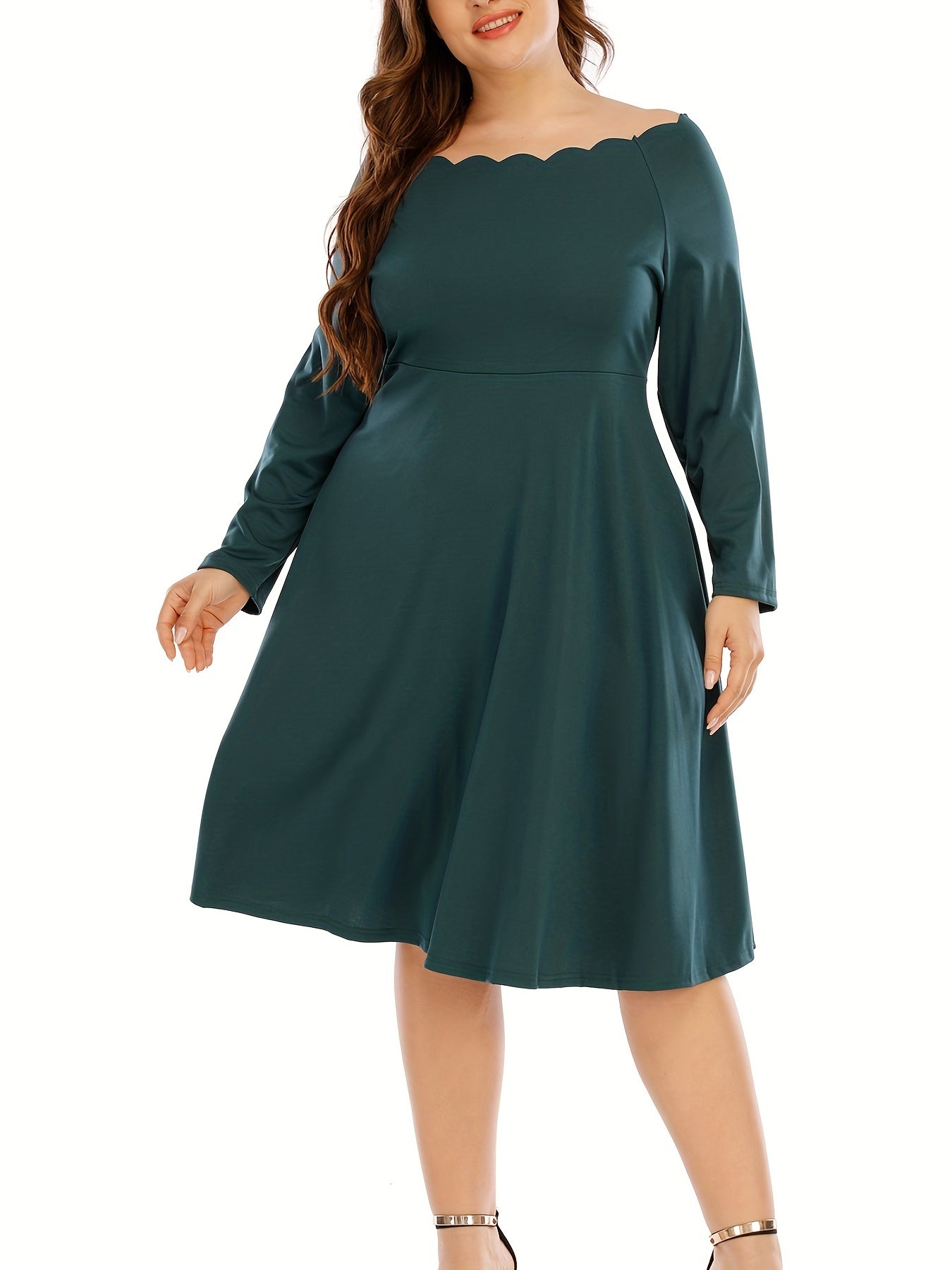  Casual Dress Women's Plain Long Sleeve Scallop Trim Boat Neck Dress