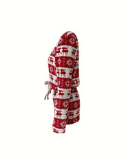 Christmas Elk Print Plush Lounge Set Tie Front Top & Shorts