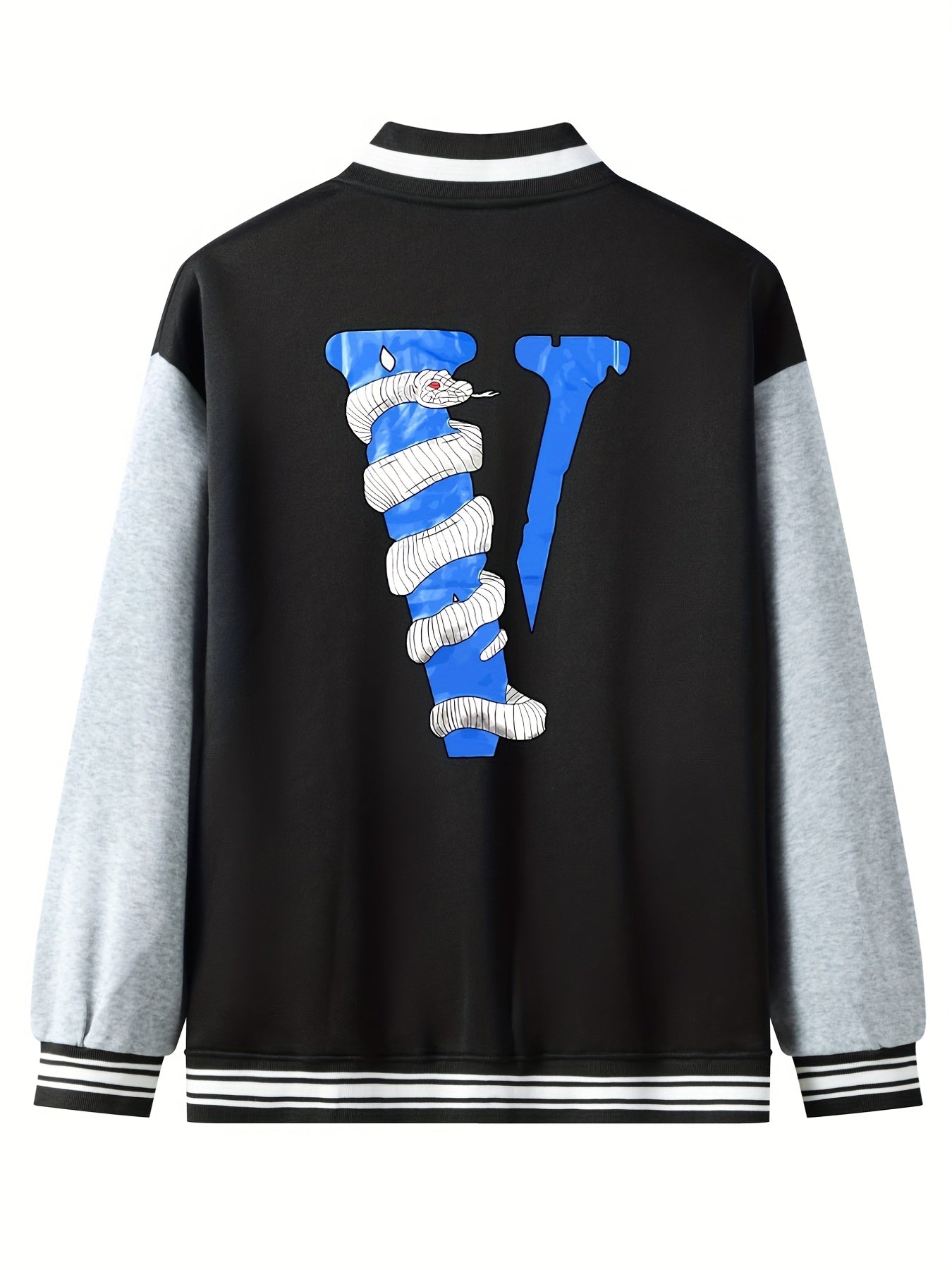 V Letter Print Snake Pattern Graphic Baseball Jacket Men's Clothes