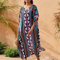  Boho Kaftan Dress Women's Plus Geo Print V Neck Maxi Beach Dress