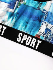Sea Print Racer Back Bra & Shorts Set Plus Size Women's Sporty Underwear