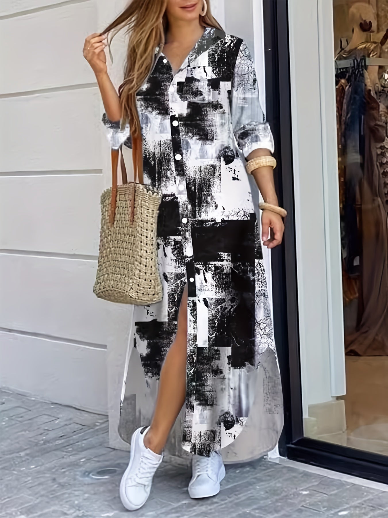  Chain Print Long Sleeve Maxi Shirt Dress