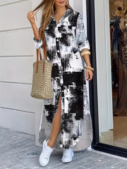  Chain Print Long Sleeve Maxi Shirt Dress