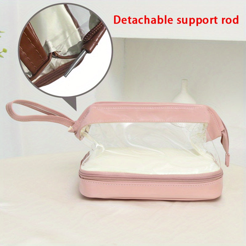 Clear Faux Leather Makeup Bag Waterproof Double Compartment Cosmetic Bag