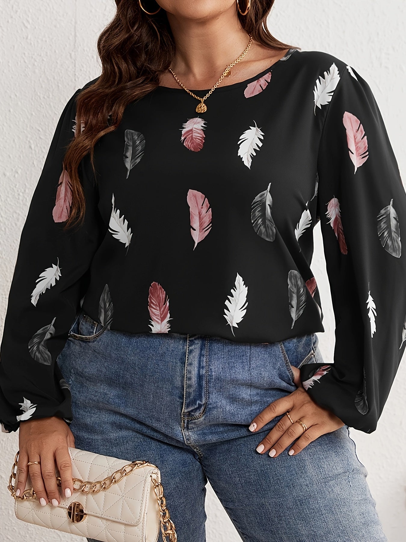  Feather Print Long Sleeve Top