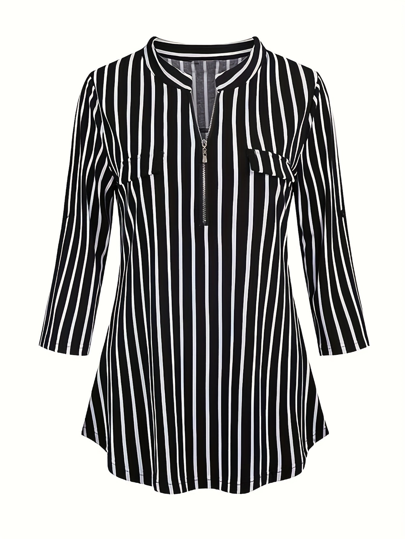  Stripe Print Half Zipper V Neck Top