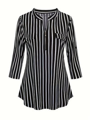  Stripe Print Half Zipper V Neck Top