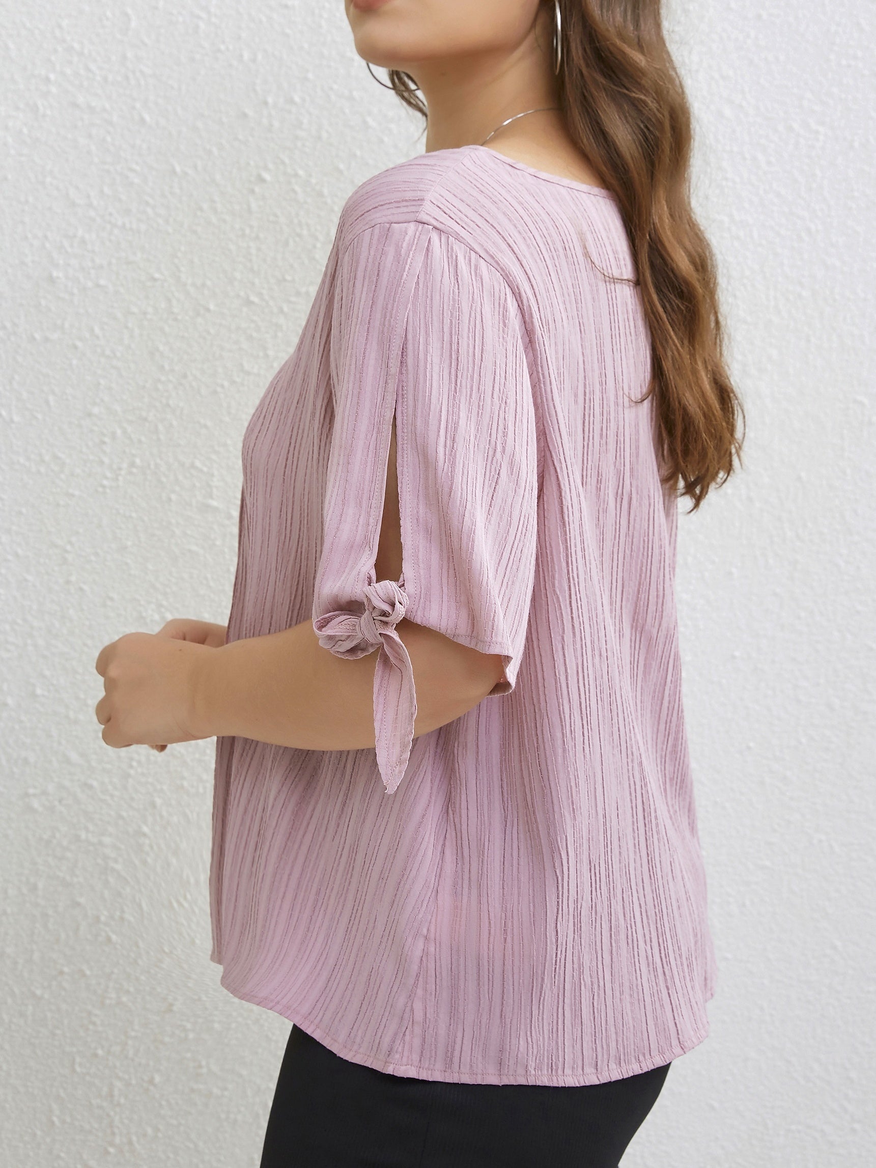  Casual Blouse Women's Plus Solid Button Decor Knot Split Sleeve