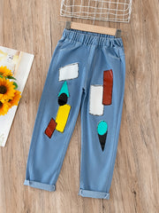 Girls Geometric Cartoon Jeans Elastic Waist Trousers 5-12 Years