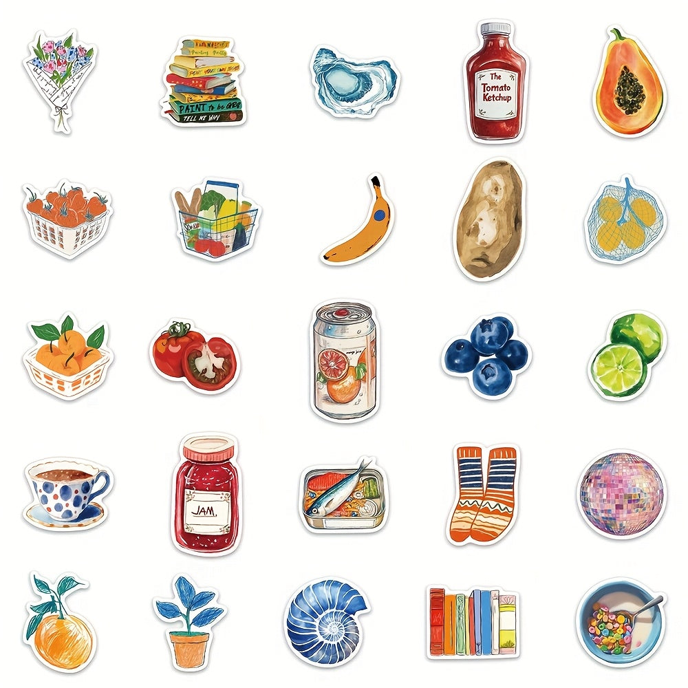 50pcs YWWBLD Retro PVC Stickers Fruits Veggies Whimsical Elements