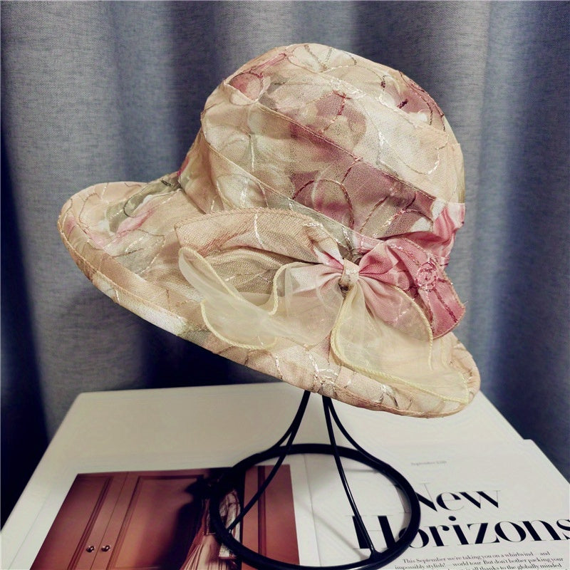 Flower Print Bucket Hat Ribbon Bow Decor Sun Hats Lightweight