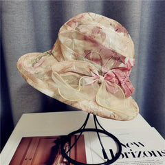 Flower Print Bucket Hat Ribbon Bow Decor Sun Hats Lightweight