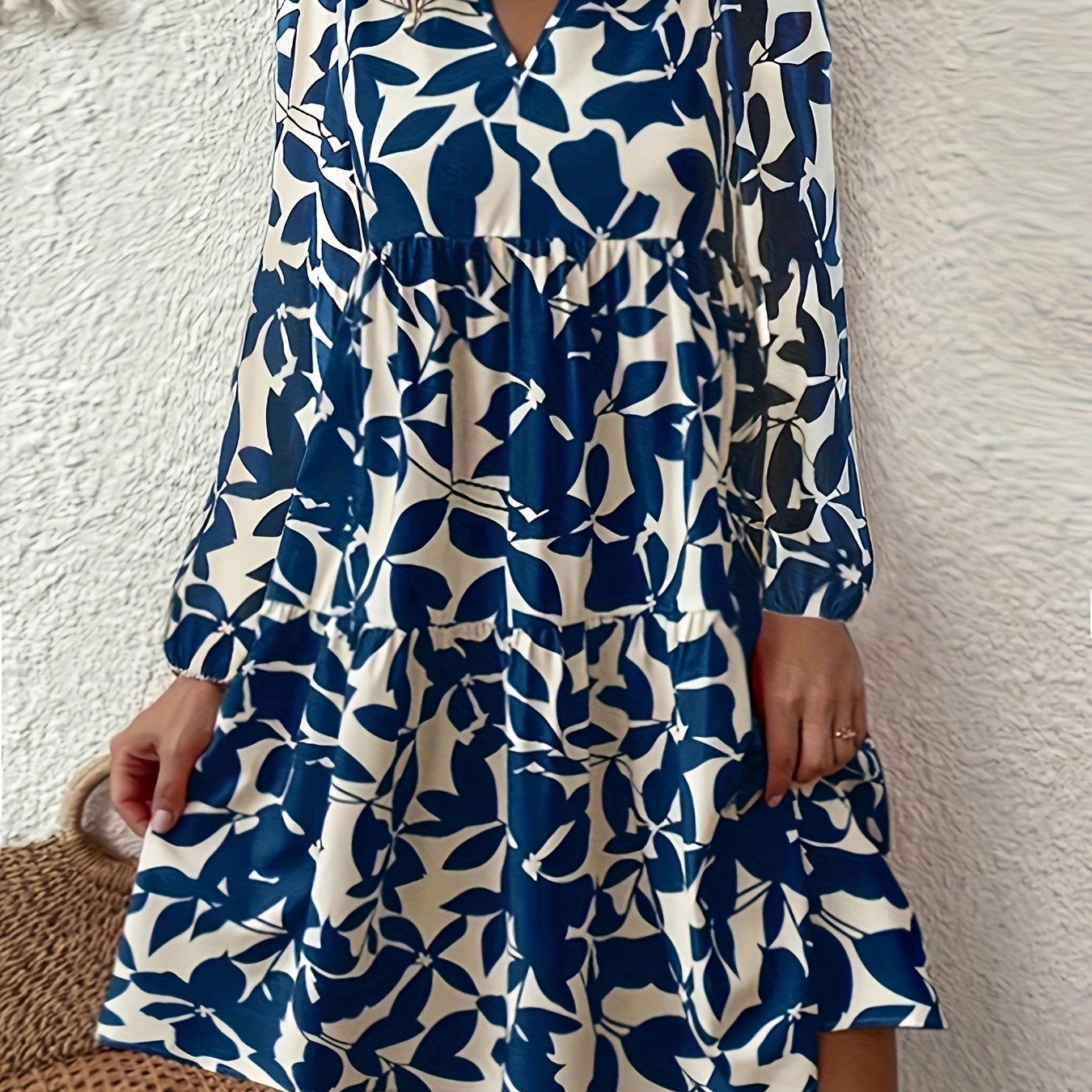  Leaf Print Long Sleeve Casual Dress