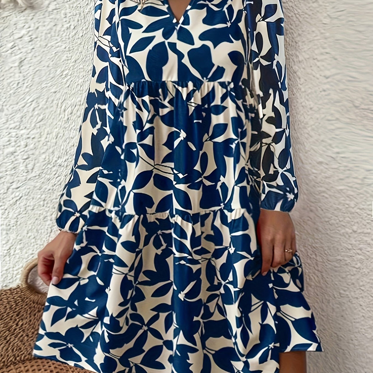  Leaf Print Long Sleeve Casual Dress