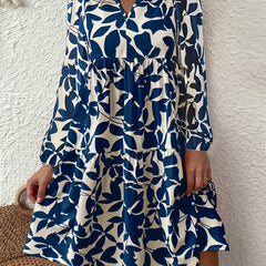 Leaf Print Long Sleeve Casual Dress
