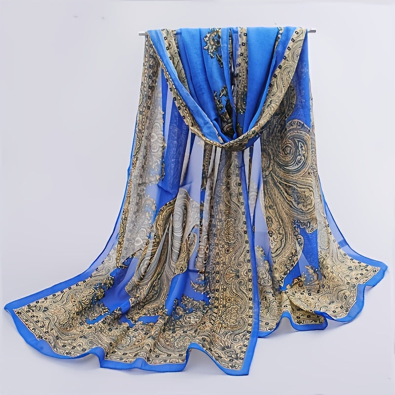 Boho Vintage Print Chiffon Silk Scarf - Summer Beach Towel Shawl