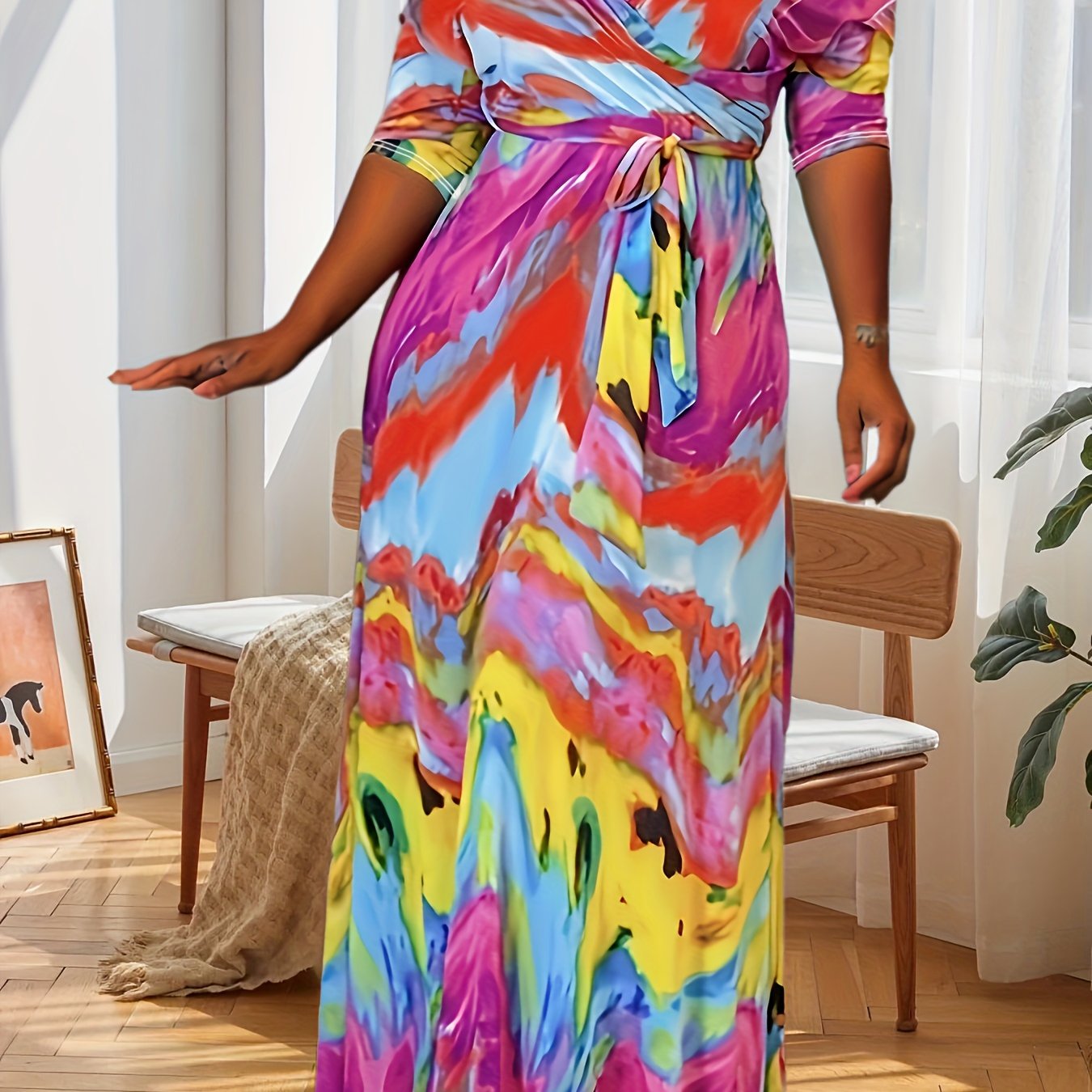  Colorblock Print Maxi Dress with Belt