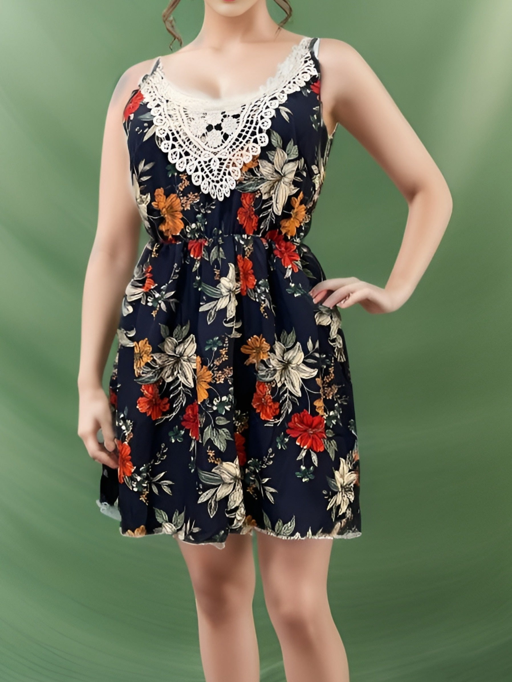  Floral Print Lace Panel Midi Cami Dress