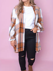  Plaid Flounce Sleeve Button Up Tunic Shirt Top