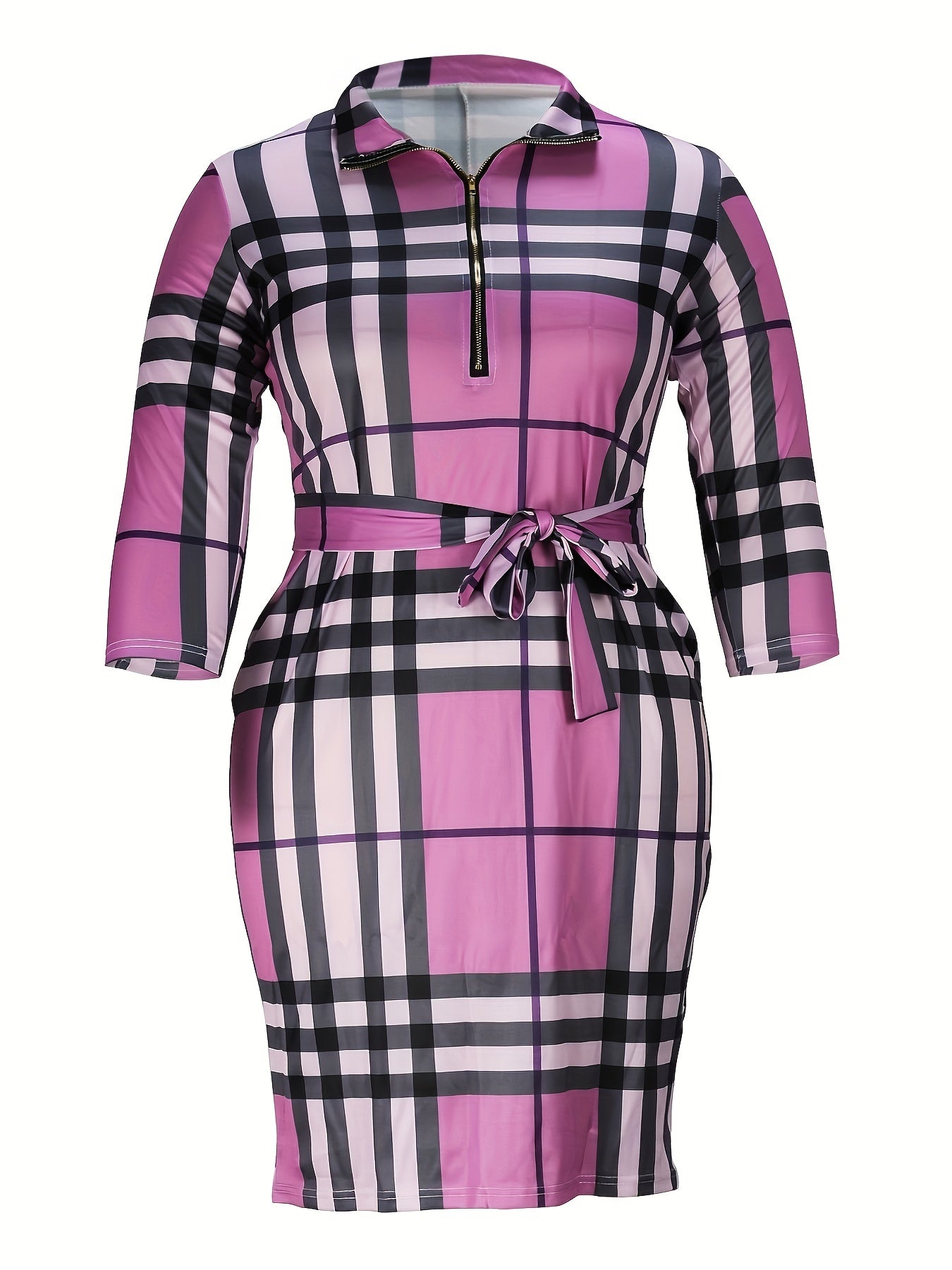 Plaid Long Sleeve Dress With Belt