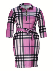  Plaid Long Sleeve Dress With Belt