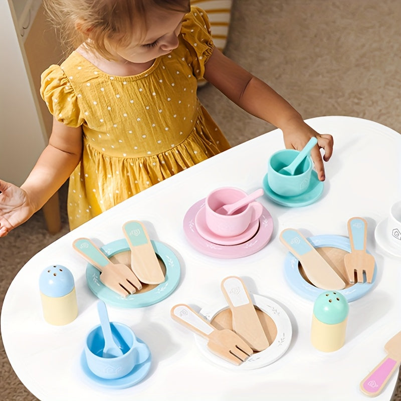 Wooden Play Kitchen Utensil Set Cups Dishes Knives Forks Spoons Educational Toy