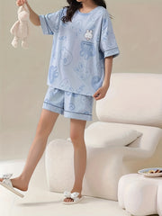 Bunny Print Pajama Set Short Sleeve Top & Elastic Waistband Shorts