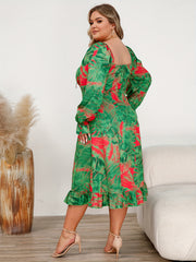 Plus Tropical Print Lantern Sleeve Square Neck Ruffle Trim Dress