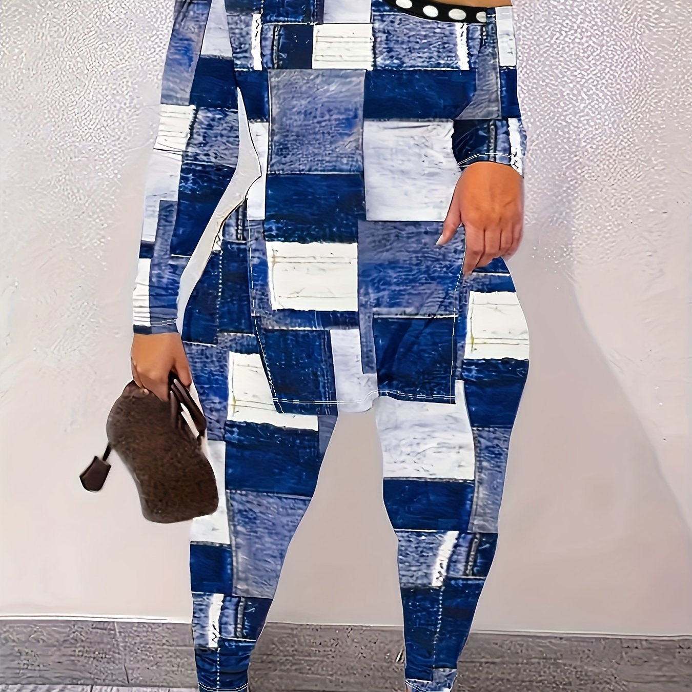  Denim & Polka Dot Print One Shoulder Top & Pants Set
