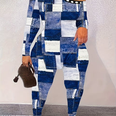  Denim & Polka Dot Print One Shoulder Top & Pants Set