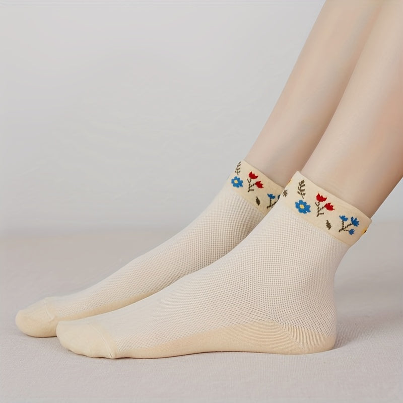 5 Pairs Floral Print Crew Socks Women's Stockings & Hosiery