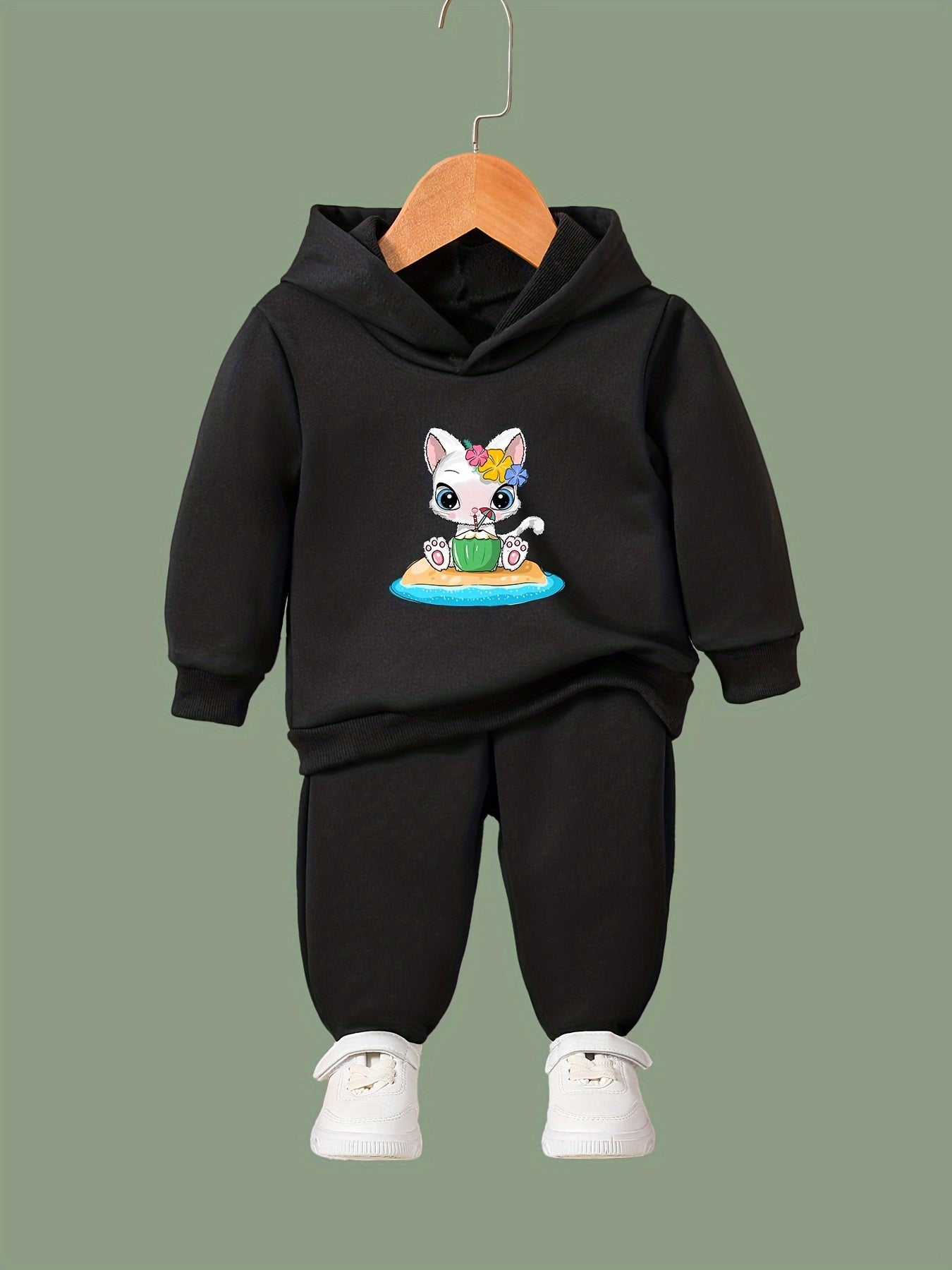 Cartoon Cat & Coconut Print Hoodie & Pants Set, Girl's Sporty Clothes