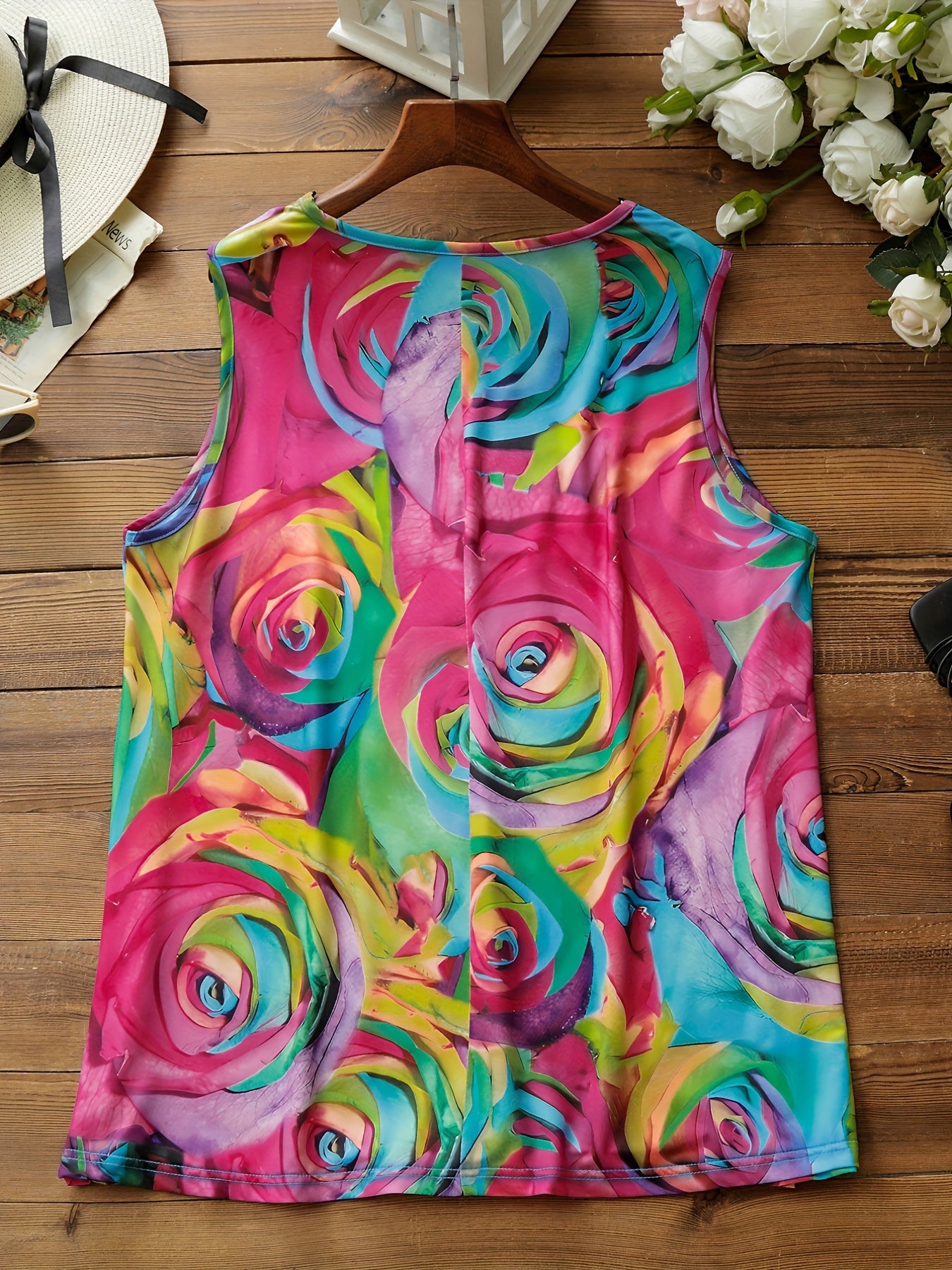 Colorful Rose Print Lace Trim V Neck Plus Size Tank Top