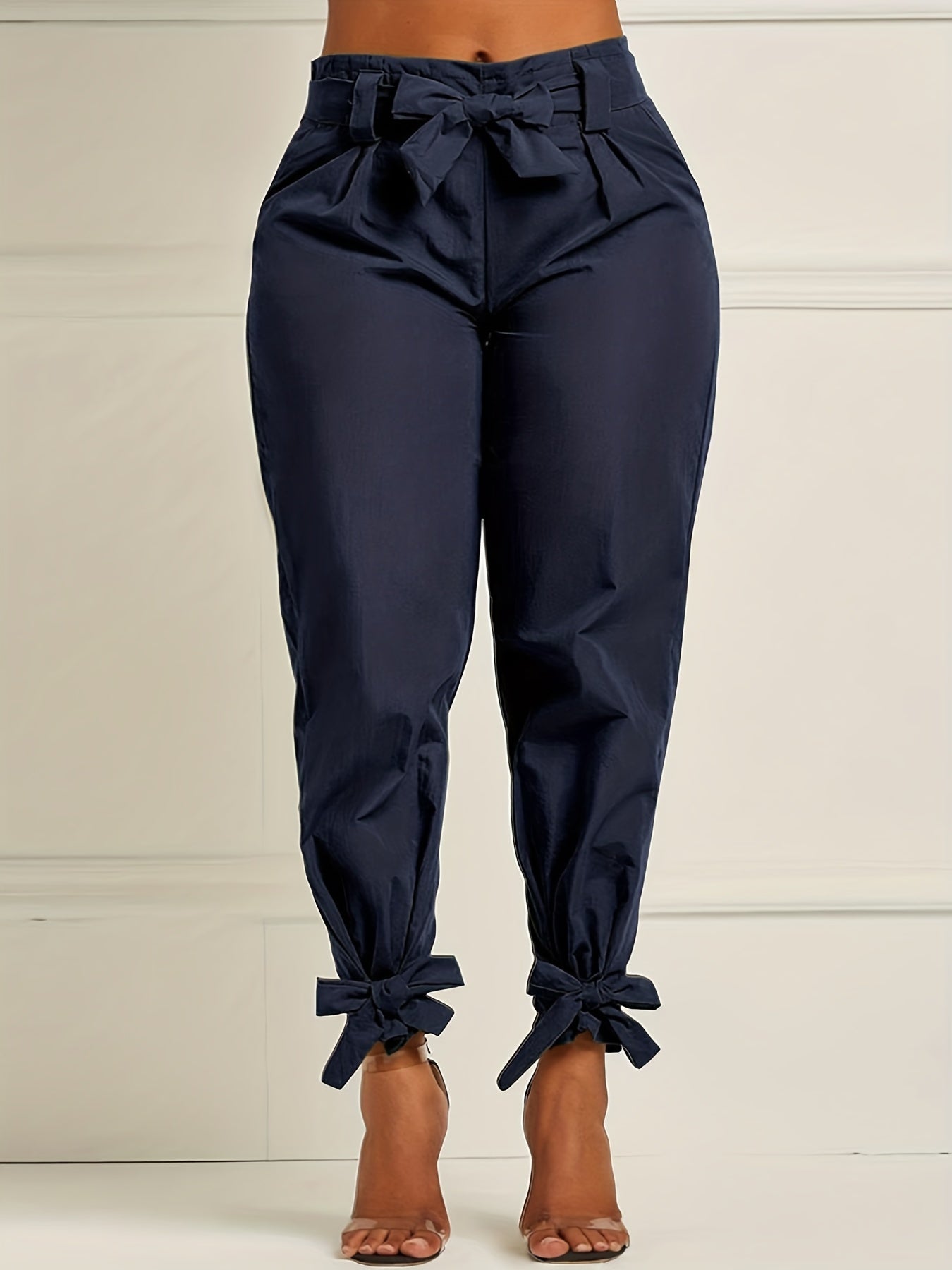 Plus Size Bow Knot Tapered Leg Elastic Pants With Belt