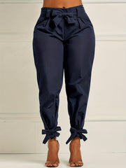 Plus Size Bow Knot Tapered Leg Elastic Pants With Belt