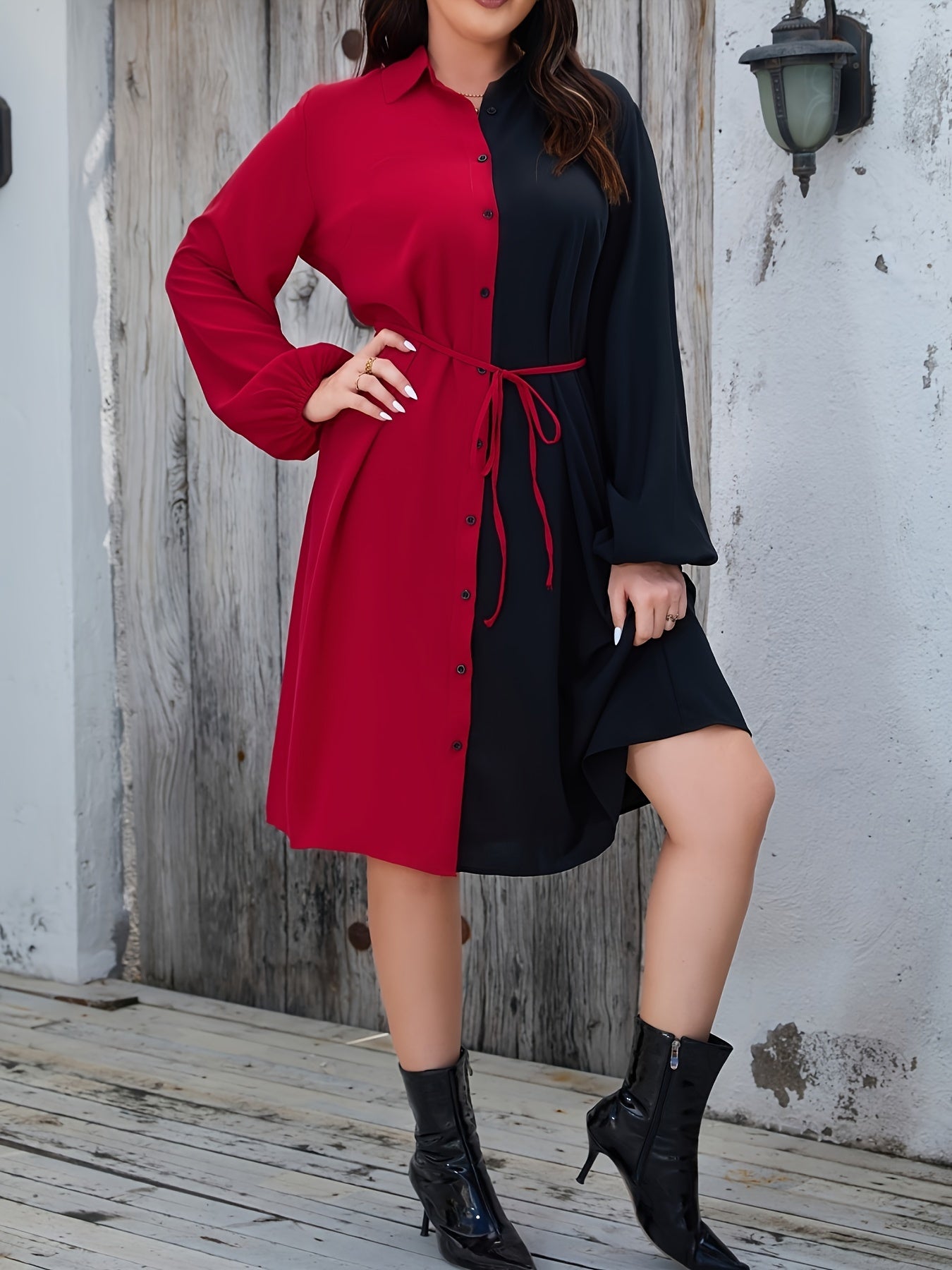  Colorblock Lantern Sleeve Shirt Dress With Belt
