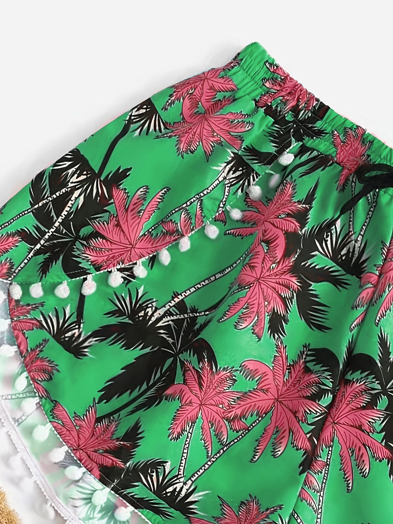  Vacay Shorts Women's Plus Tropical Print Mini Bow Pompom Trim