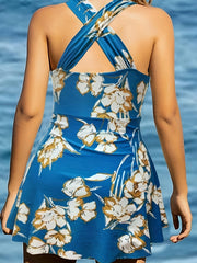  Swimsuit Women's Plus Floral Print Crisscross Back Skirted One Piece