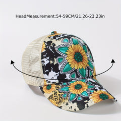 Sunflower Print Ponytail Trucker Hat Adjustable Baseball Cap Mesh Breathable Sun