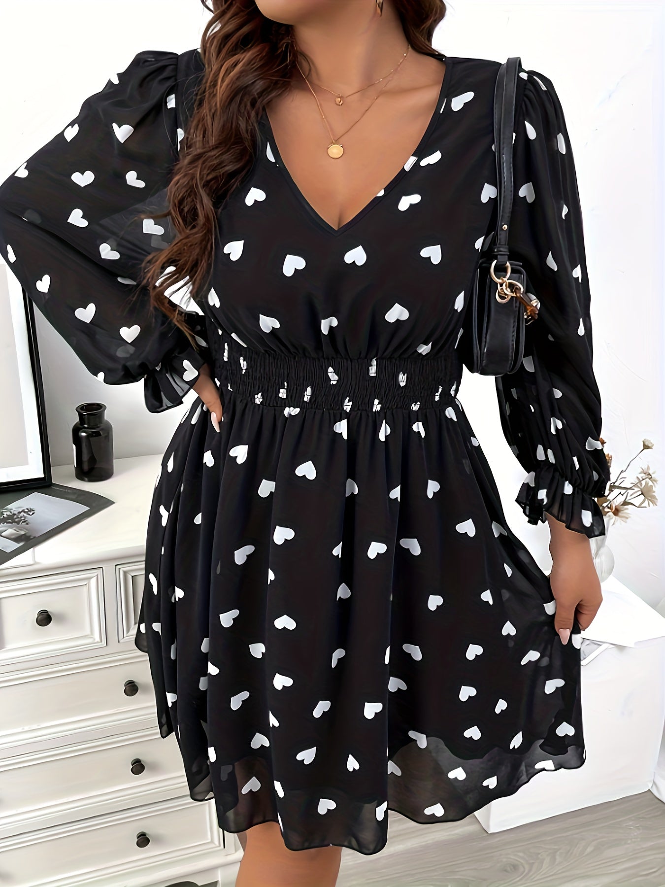  Heart Print Flounce Sleeve V Neck Mini Dress