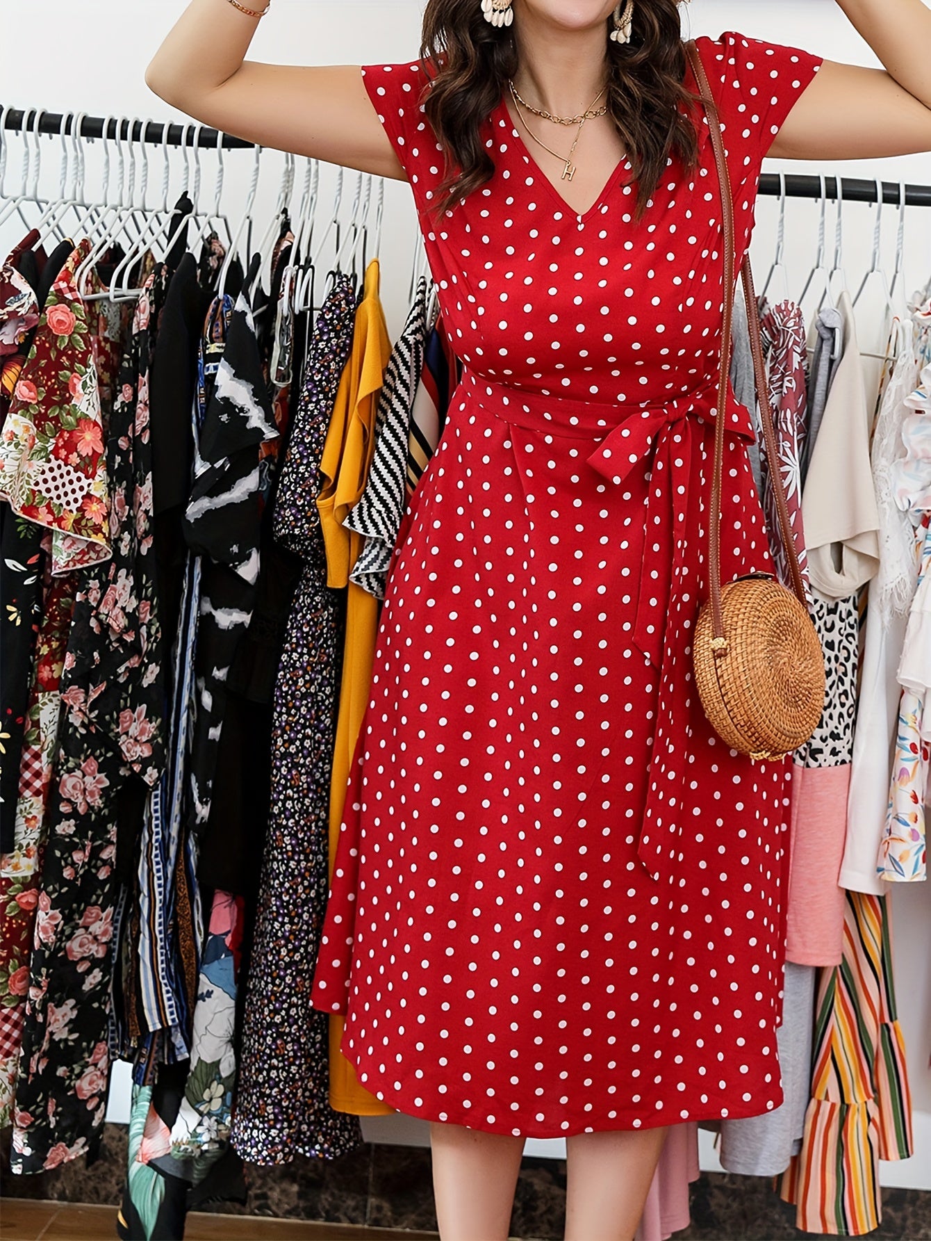  Floral Print V-Neck Short Sleeve Dress With Belt