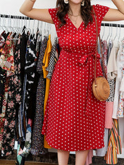  Floral Print V-Neck Short Sleeve Dress With Belt