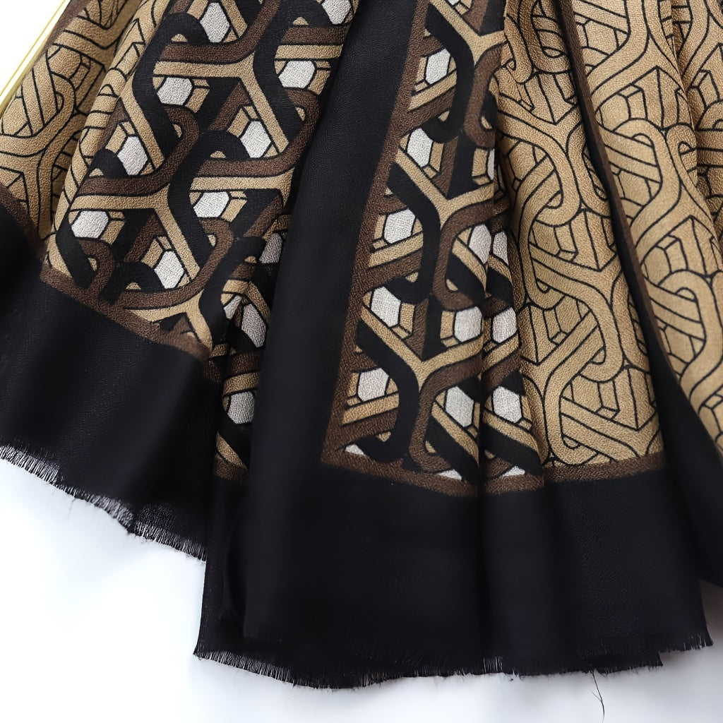 Geometric Ring Print Scarf Block Shawl Frayed Edge Windproof Head Wrap