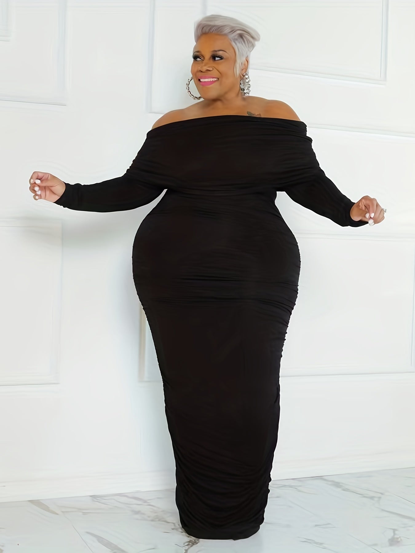  Off Shoulder Long Sleeve Maxi Dress