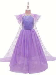 Girls Sequin Snowflake Princess Dress Sleeveless Ruffle Mesh Cape