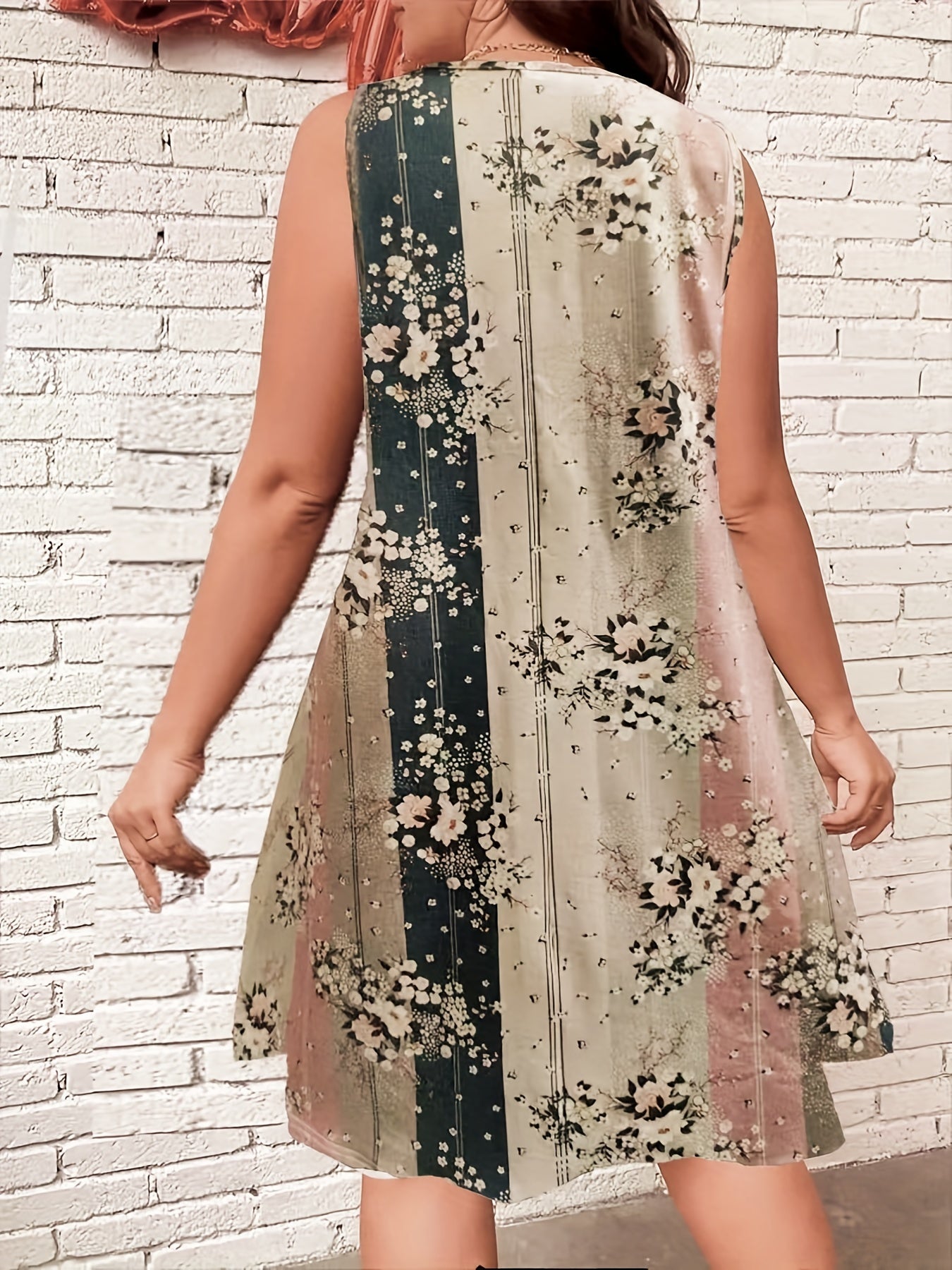  Colorblock Floral Tank Dress V Neck High Stretch