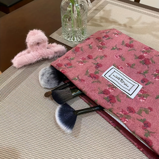 Vintage Corduroy Makeup Bag Roomy Flower Print Hand Pouch for Women and Girls