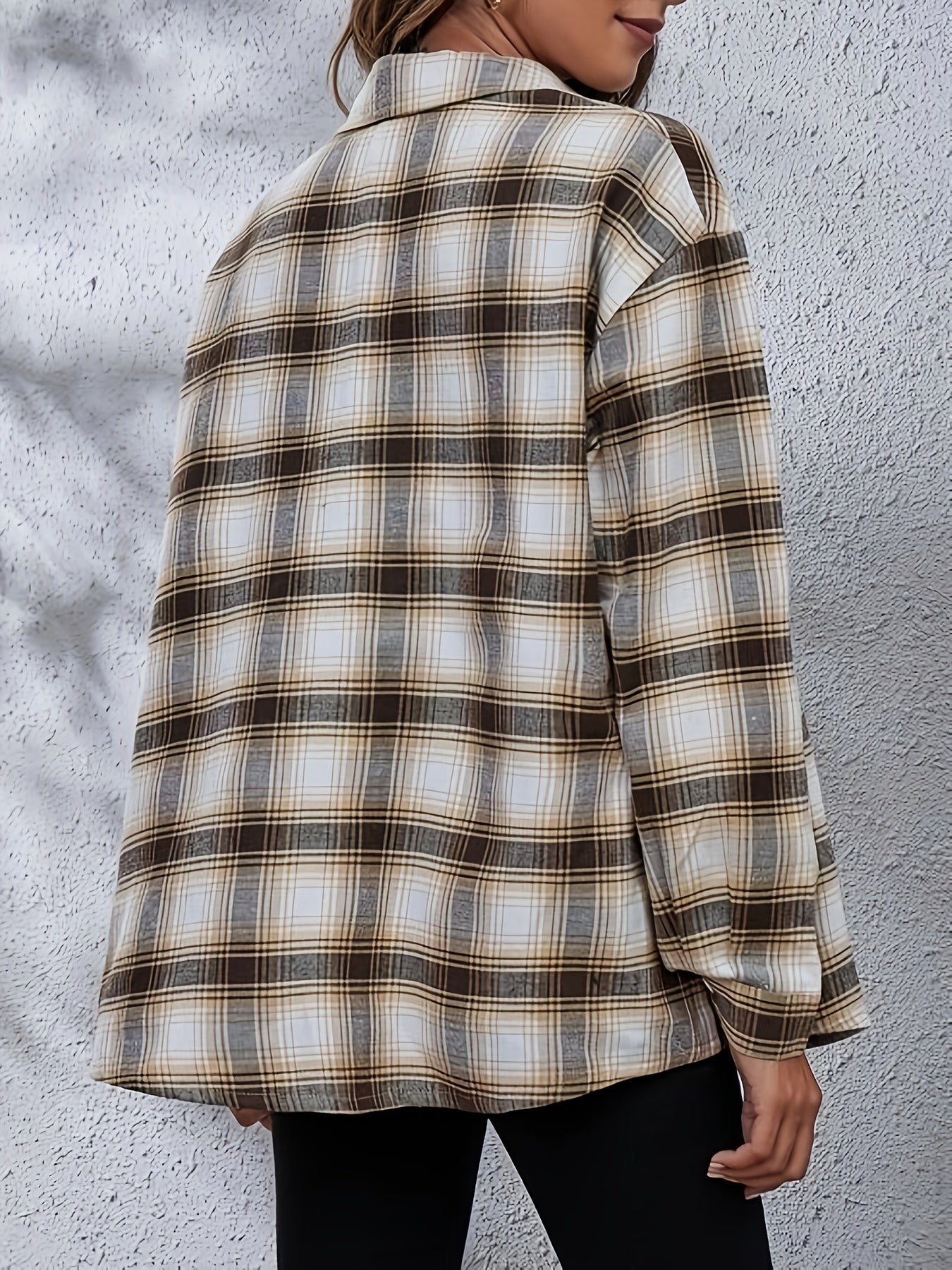  Plaid Print Long Sleeve Button Up Collar Shirt